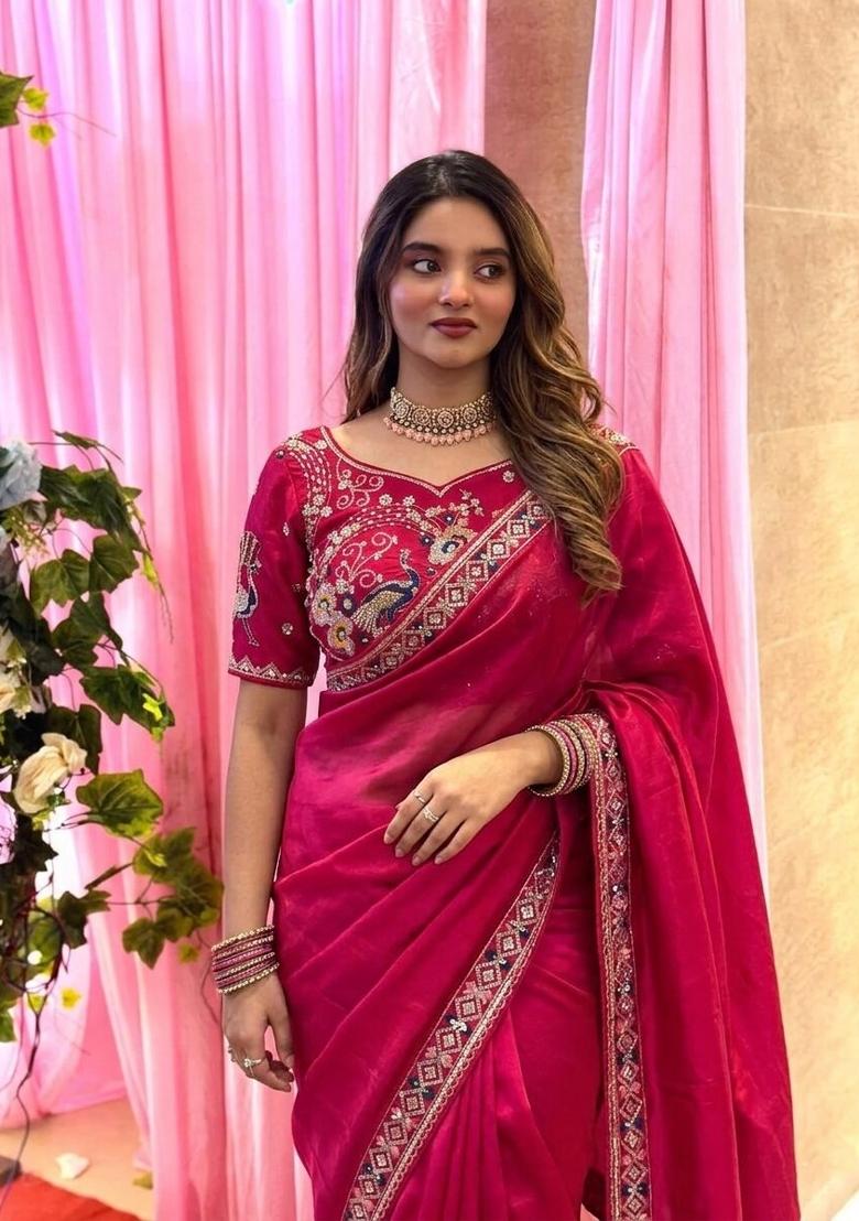 Pink Embroidered Silk Saree Set - Indya