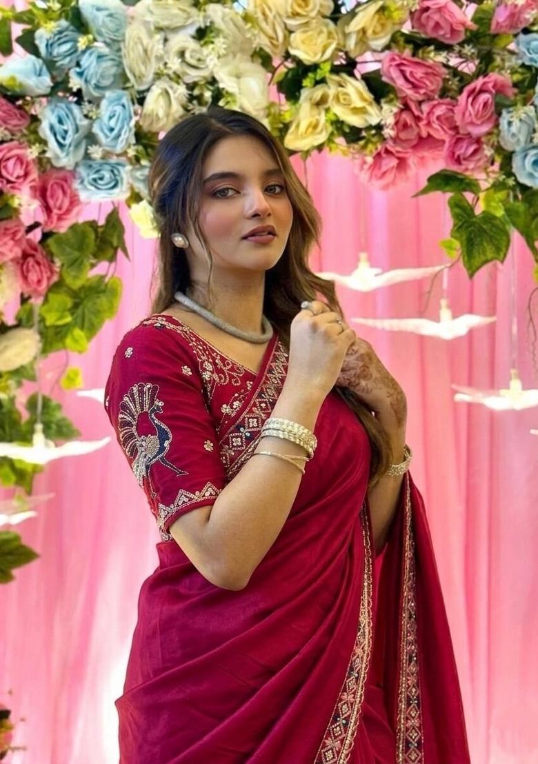 Pink Embroidered Silk Saree Set - Indya