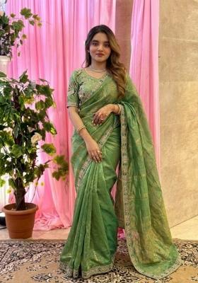 Pista Embroidered Silk Saree Set