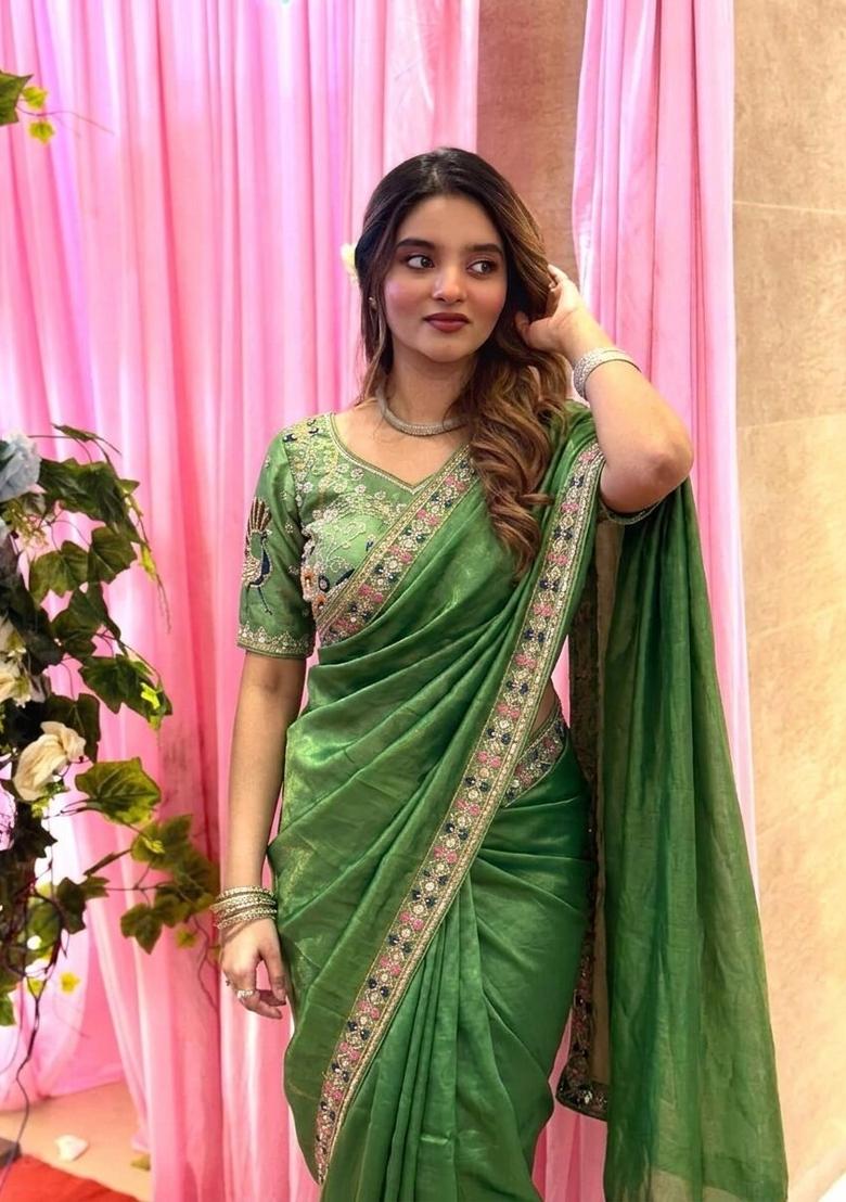 Pista Embroidered Silk Saree Set - Indya