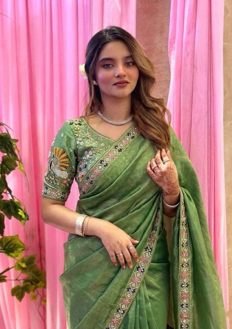 Pista Embroidered Silk Saree Set for Diwali and Festive Wear - Indya