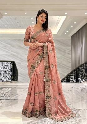 Pink Embroidered Silk Saree Set