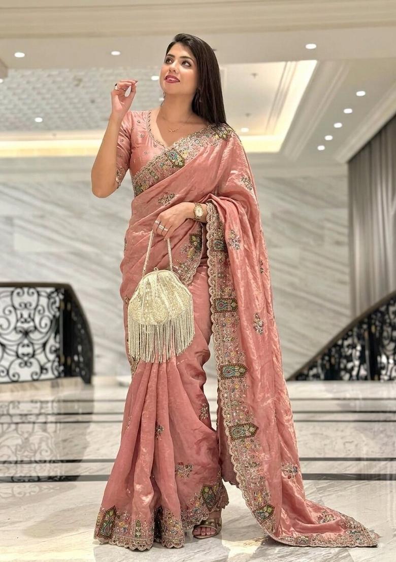 Pink Embroidered Silk Saree Set - Indya