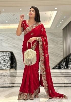 Red Embroidered Silk Saree Set