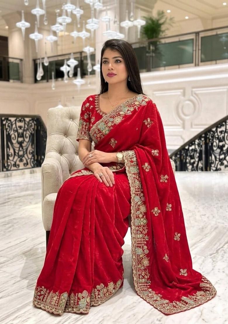 Red Embroidered Silk Saree Set - Indya