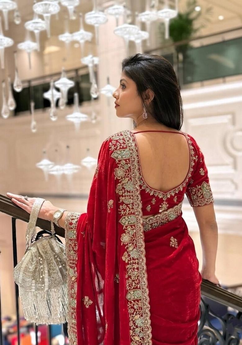 Red Embroidered Silk Saree Set - Indya