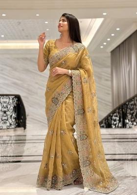 Yellow Embroidered Silk Saree Set