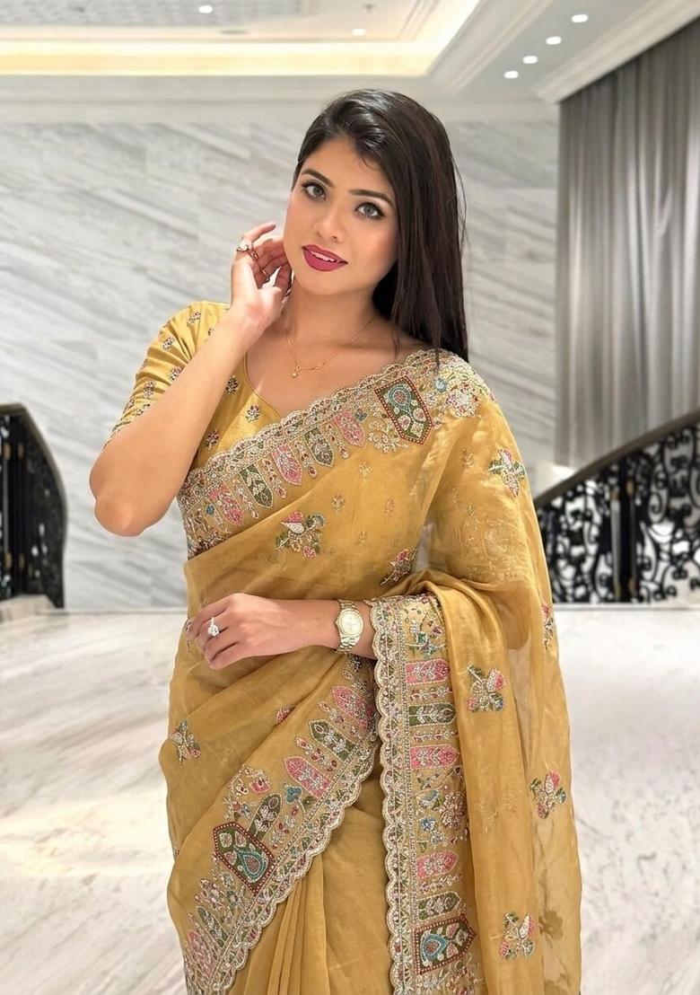 Yellow Embroidered Silk Saree Set - Indya