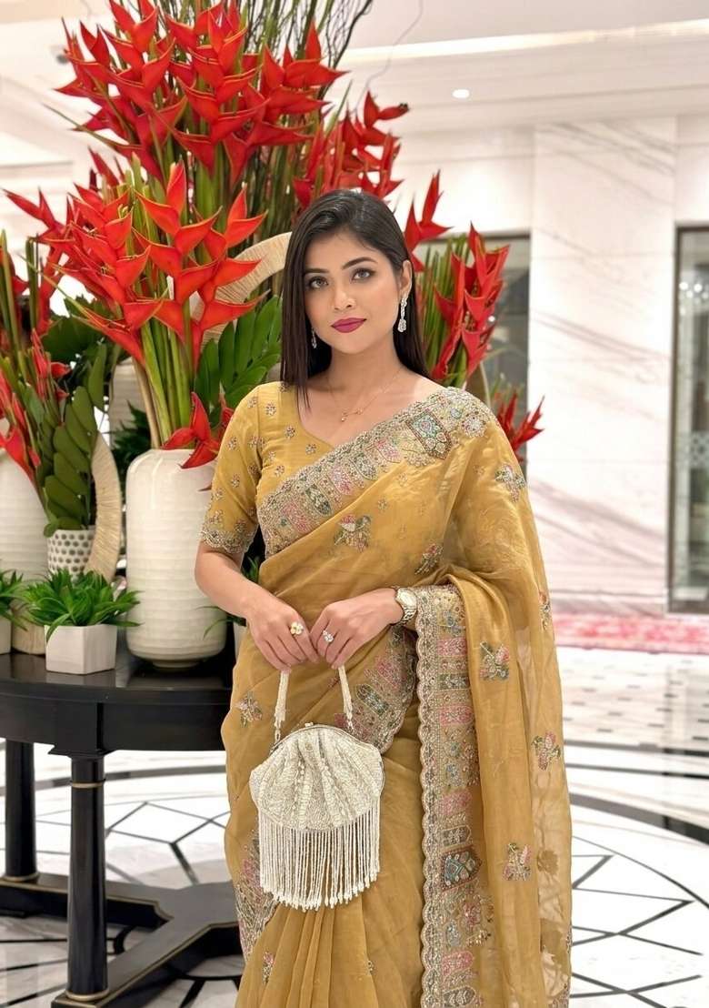 Yellow Embroidered Silk Saree Set - Indya