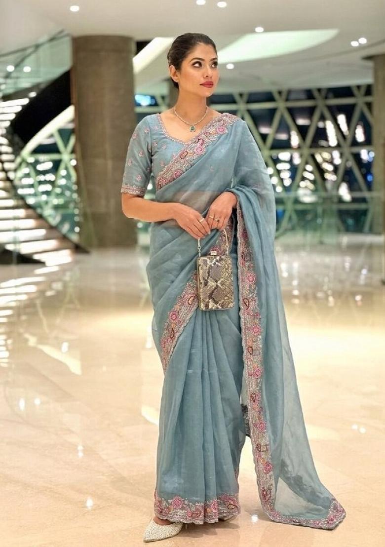 Blue Weaving Silk Saree Set - Indya
