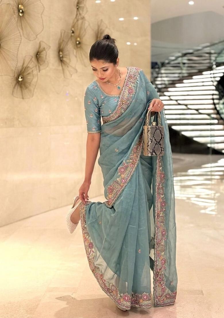 Blue Weaving Silk Saree Set - Indya