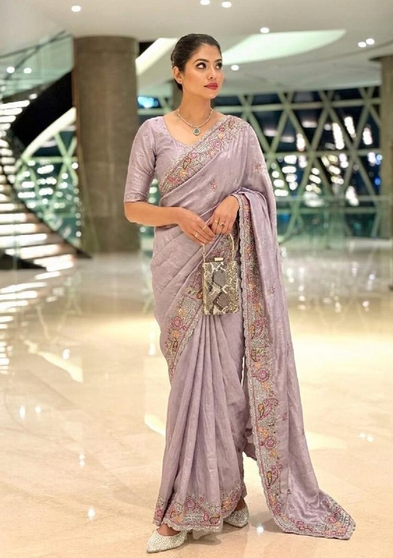 Lavender Weaving Silk Saree Set - Indya