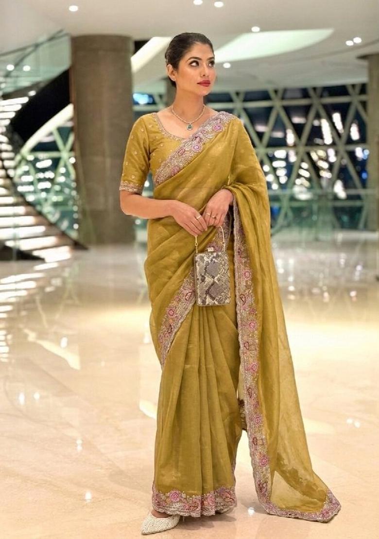 Yellow Weaving Silk Saree Set - Indya