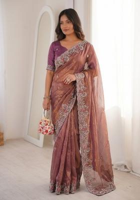 Pink Embroidered Silk Saree Set