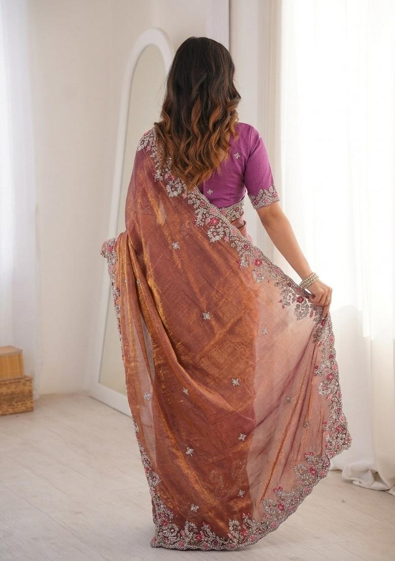 Pink Embroidered Silk Saree Set - Indya