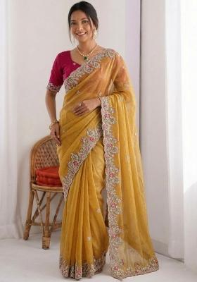 Yellow Embroidered Silk Saree Set