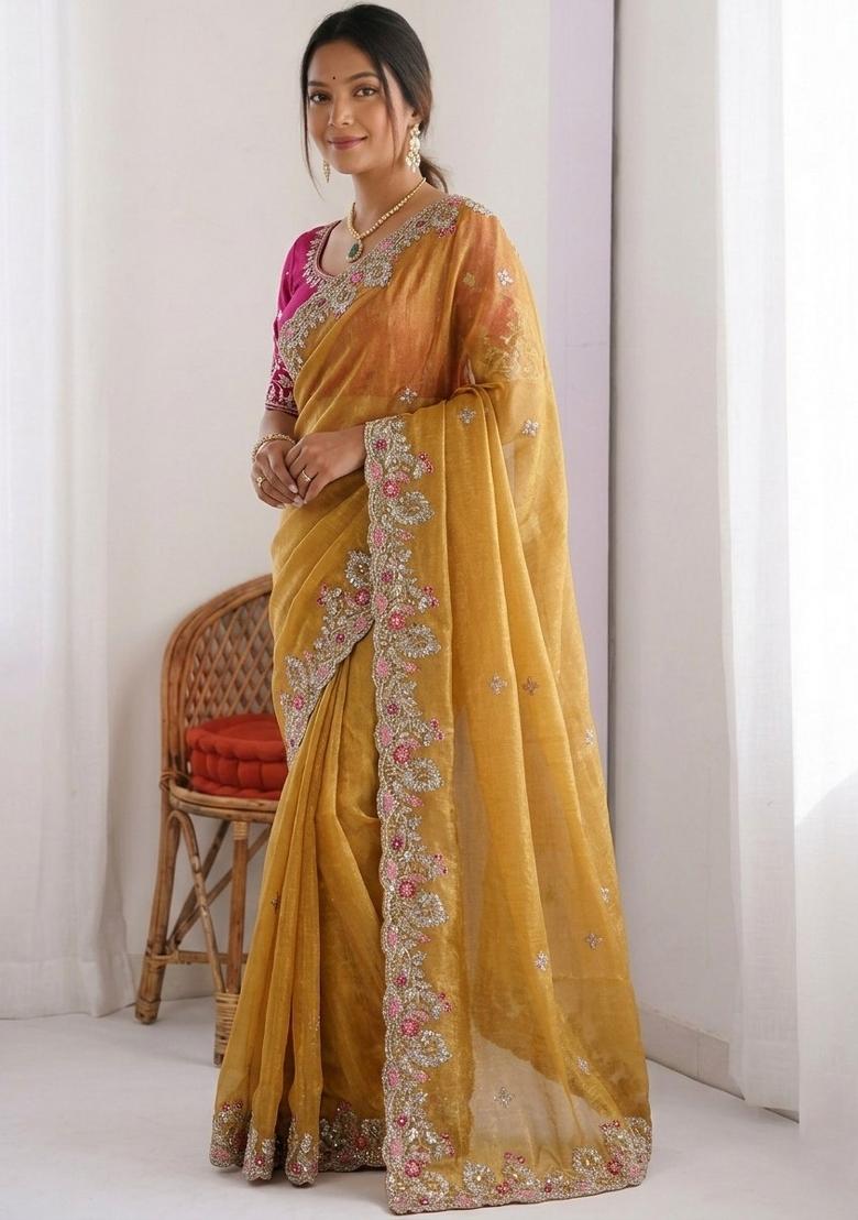 Yellow Embroidered Silk Saree Set - Indya