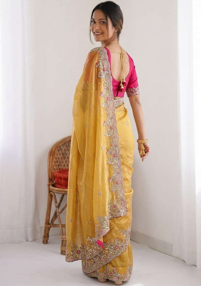 Yellow Silk Saree Set with Embroidered for Diwali | Wedding & Festive Wear - Indya