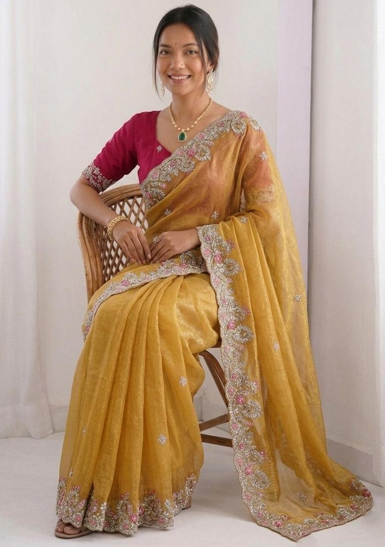 Yellow Embroidered Silk Saree Set - Indya