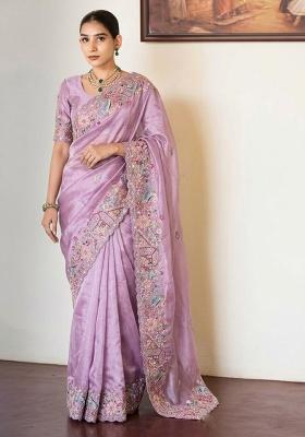 Lavender Embroidered Silk Saree Set