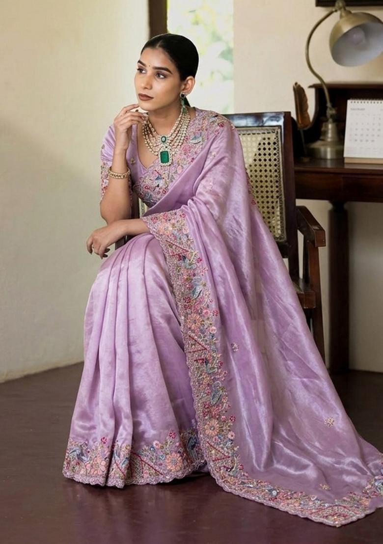 Lavender Embroidered Silk Saree Set - Indya