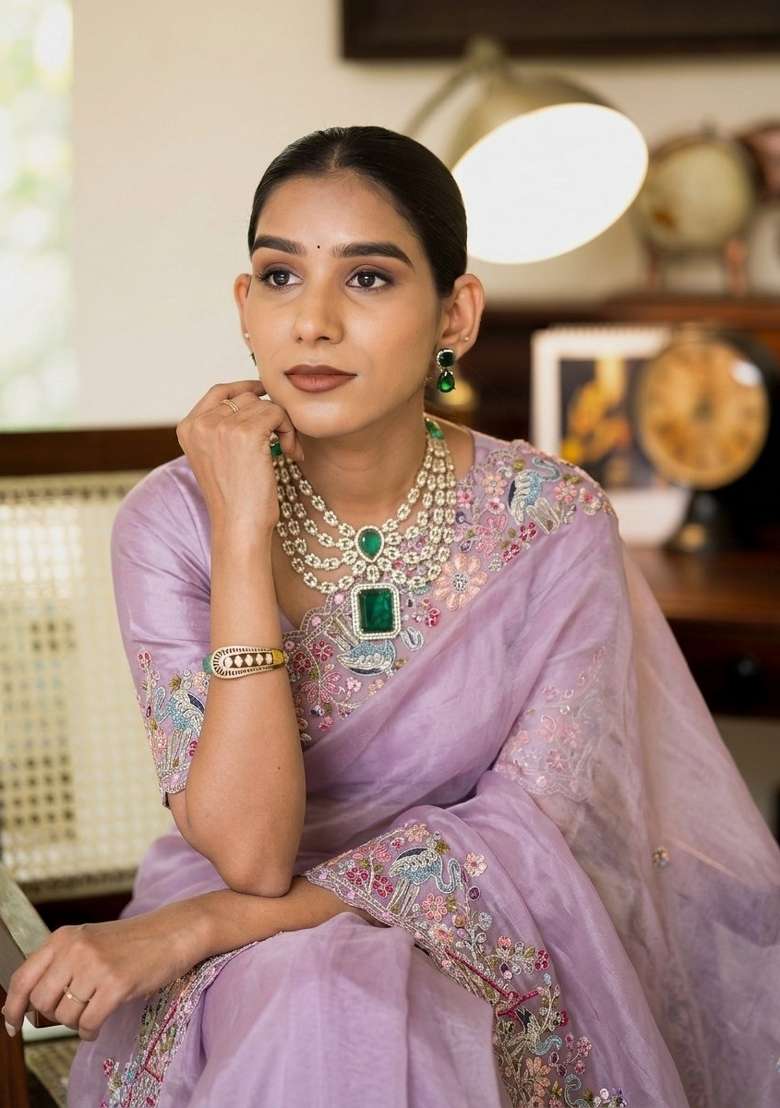 Lavender Embroidered Silk Saree Set for Diwali and Festive Wear - Indya