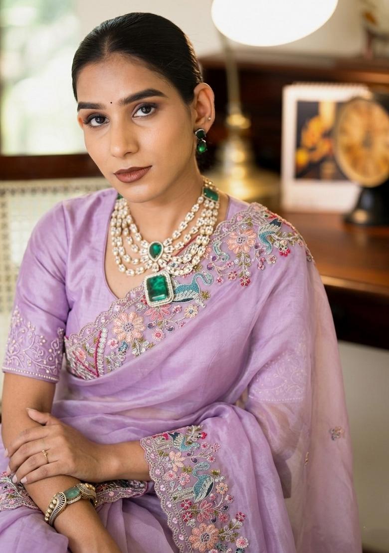Lavender Embroidered Silk Saree Set - Indya