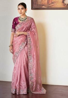 Pink Embroidered Silk Saree Set