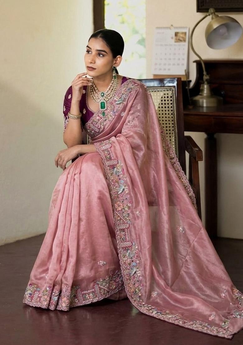 Pink Embroidered Silk Saree Set - Indya