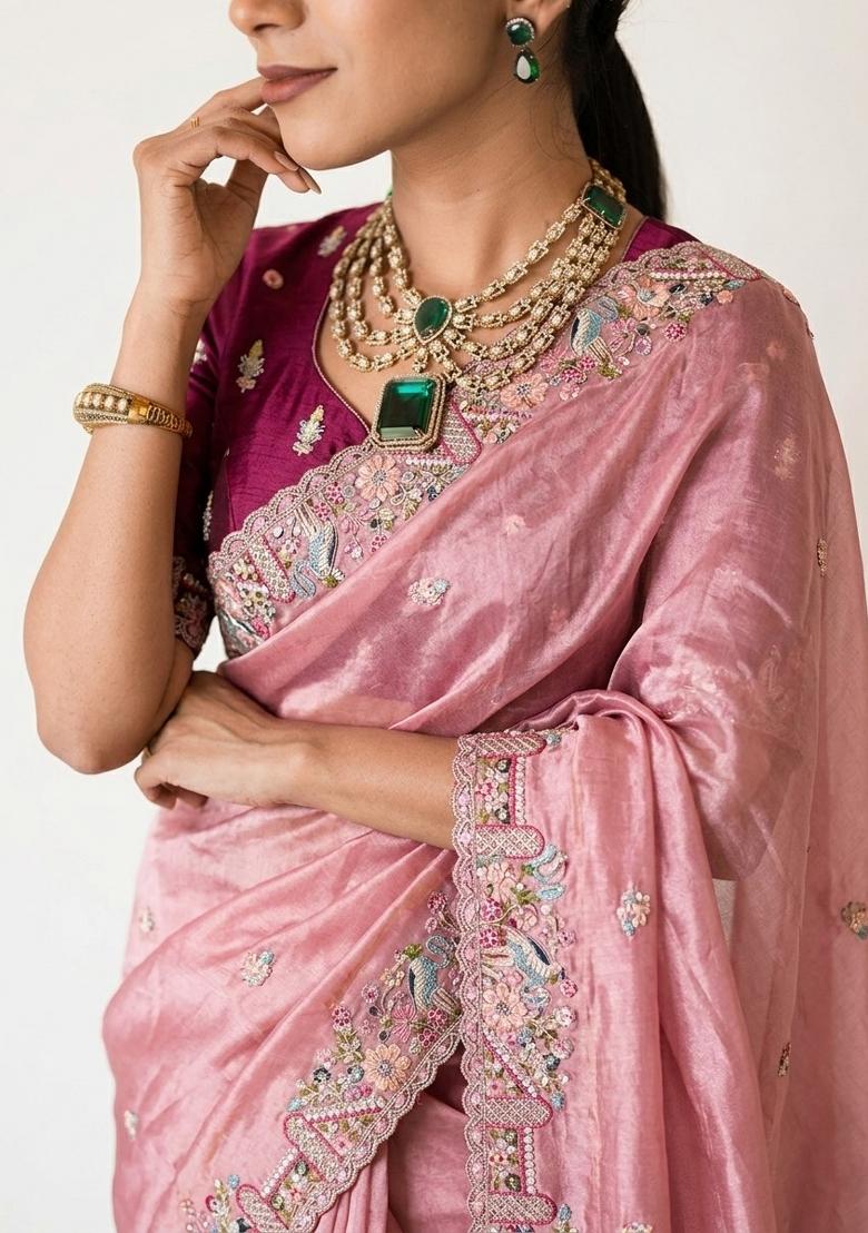 Pink Embroidered Silk Saree Set - Indya