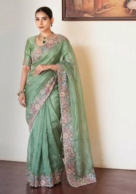 Sea Green Embroidered Silk Saree Set