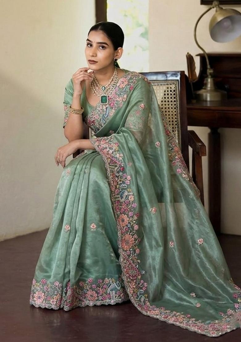 Sea Green Embroidered Silk Saree Set - Indya