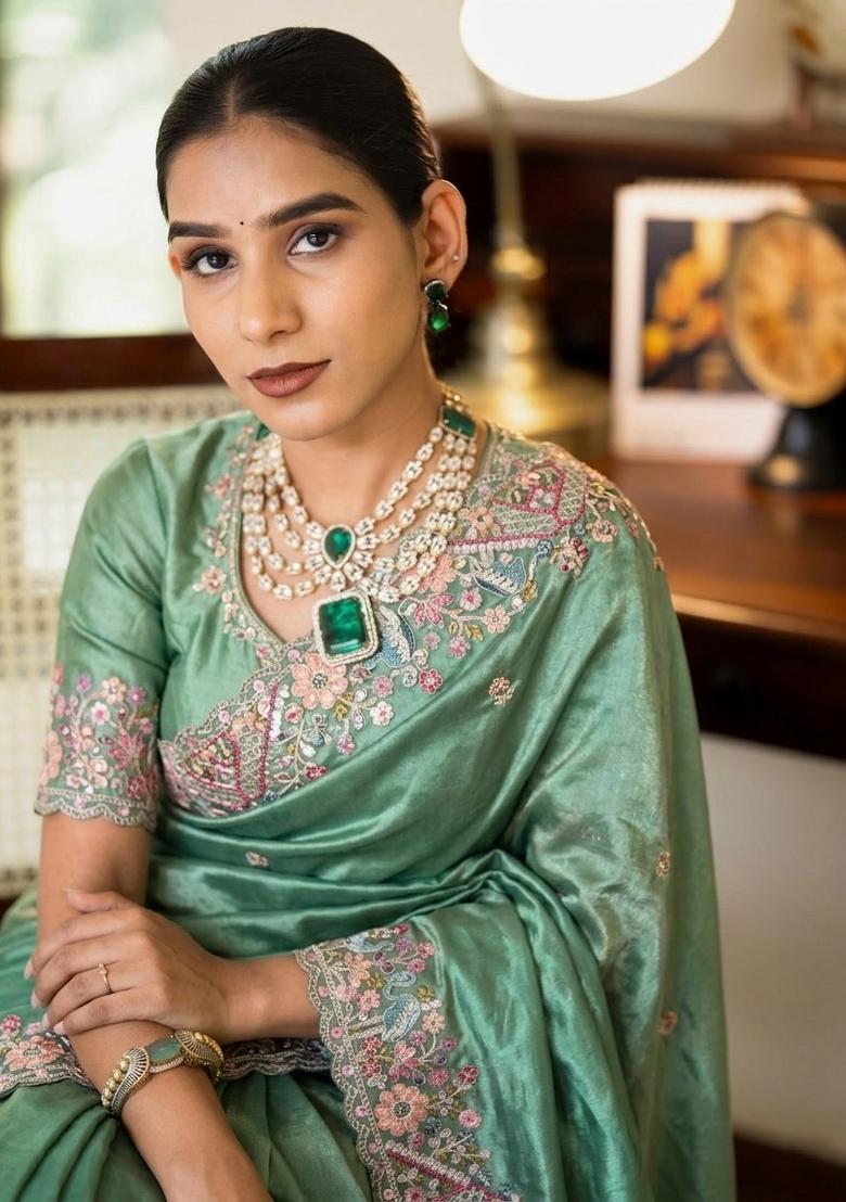 Sea Green Embroidered Silk Saree Set - Indya