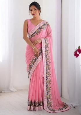 Pink Embroidered Georgette Saree Set