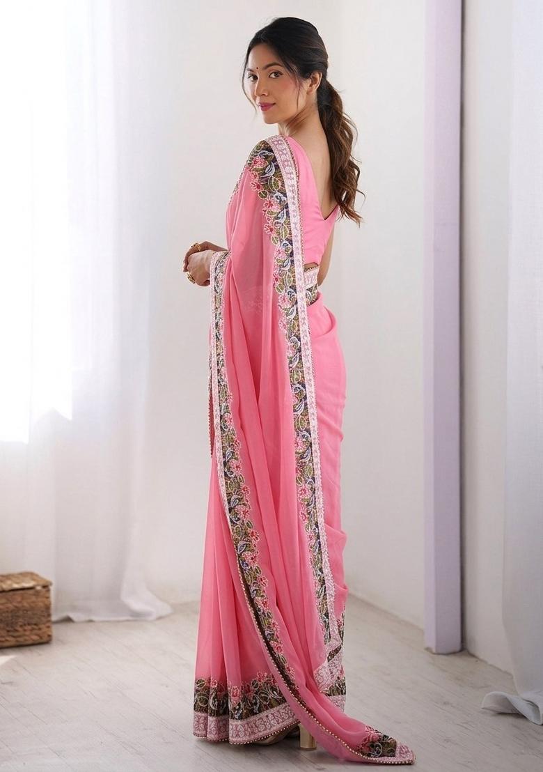 Pink Embroidered Georgette Saree Set - Indya