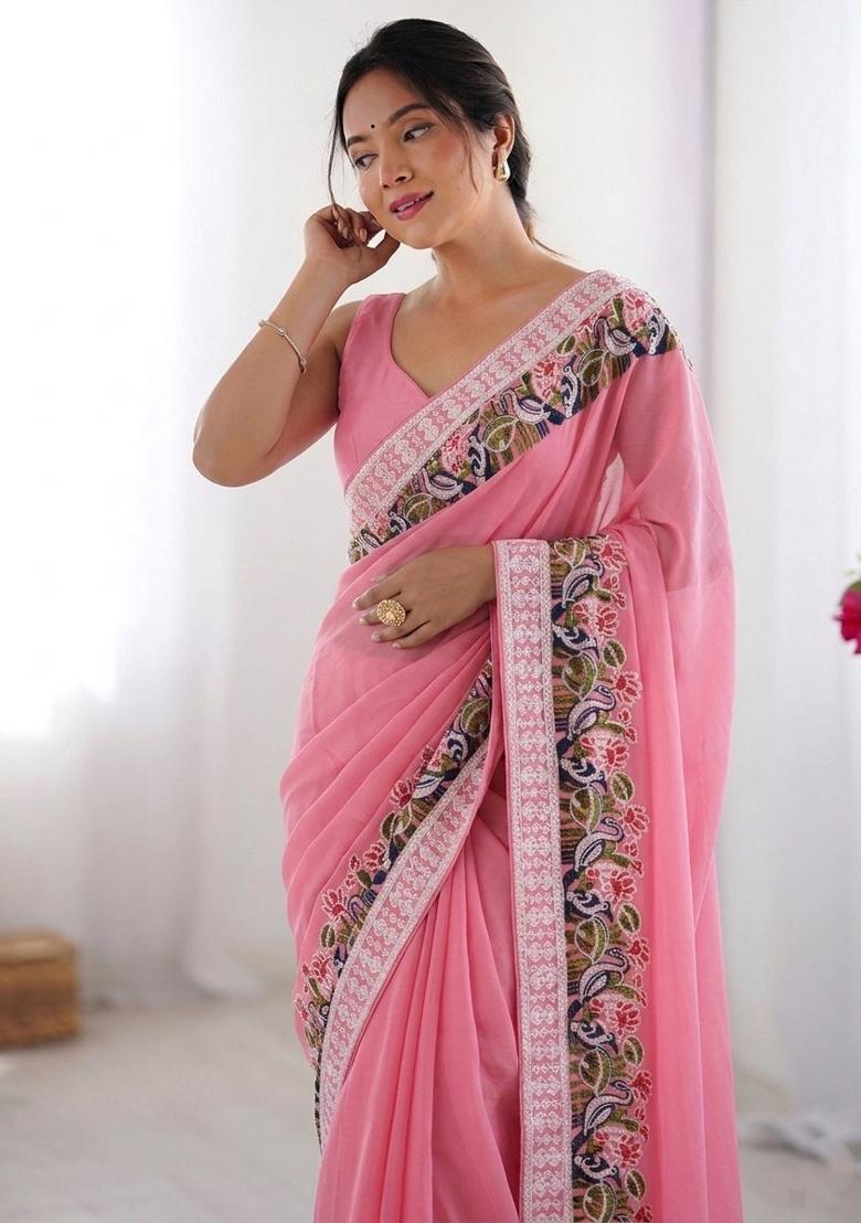 Pink Embroidered Georgette Saree Set - Indya