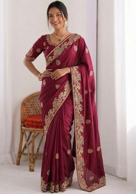 Burgundy Embroidered Georgette Saree Set