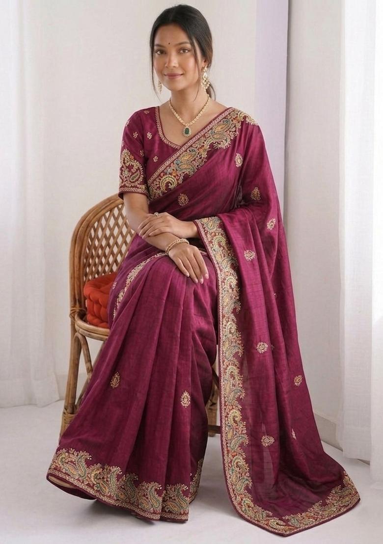 Burgundy Embroidered Georgette Saree Set - Indya