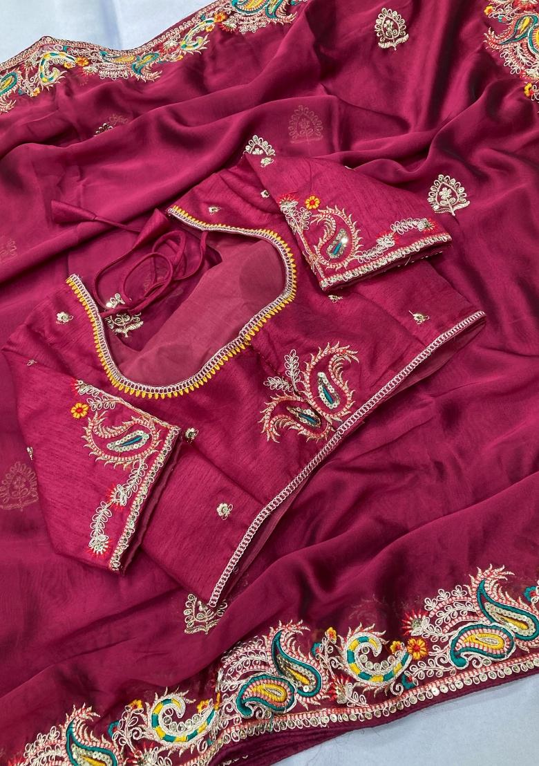 Burgundy Embroidered Georgette Saree Set - Indya