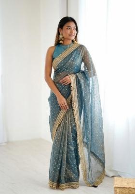 Blue Lace Work Silk Saree Set
