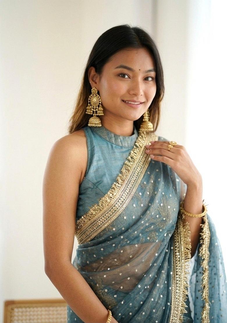 Blue Lace Work Silk Saree Set - Indya
