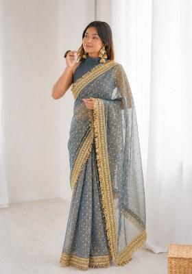 Grey Lace Work Silk Saree Set