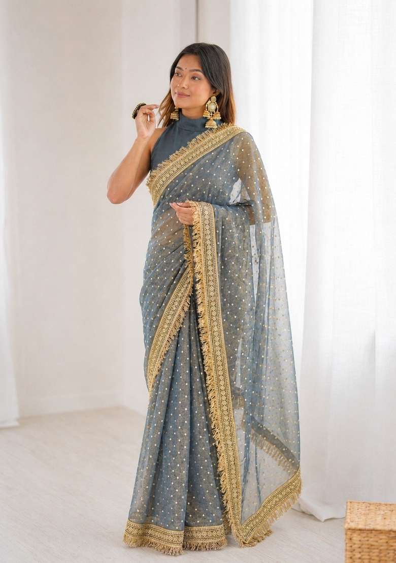 Grey Lace Work Silk Saree Set for Diwali and Festive Wear - Indya