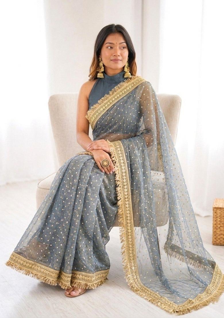 Grey Lace Work Silk Saree Set - Indya