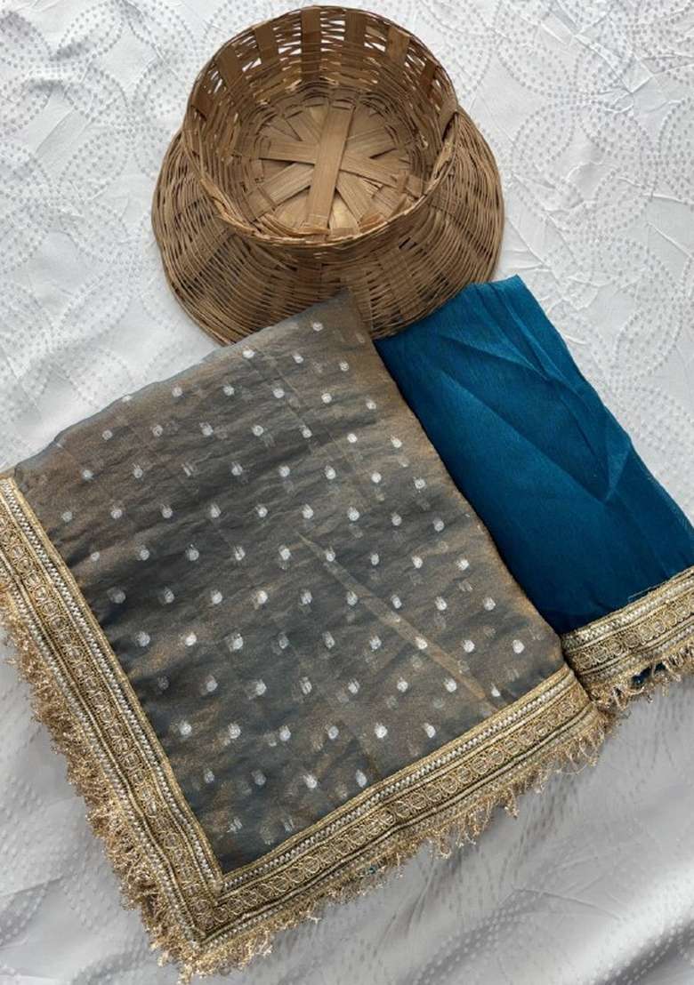 Grey Lace Work Silk Saree Set for Diwali and Festive Wear - Indya