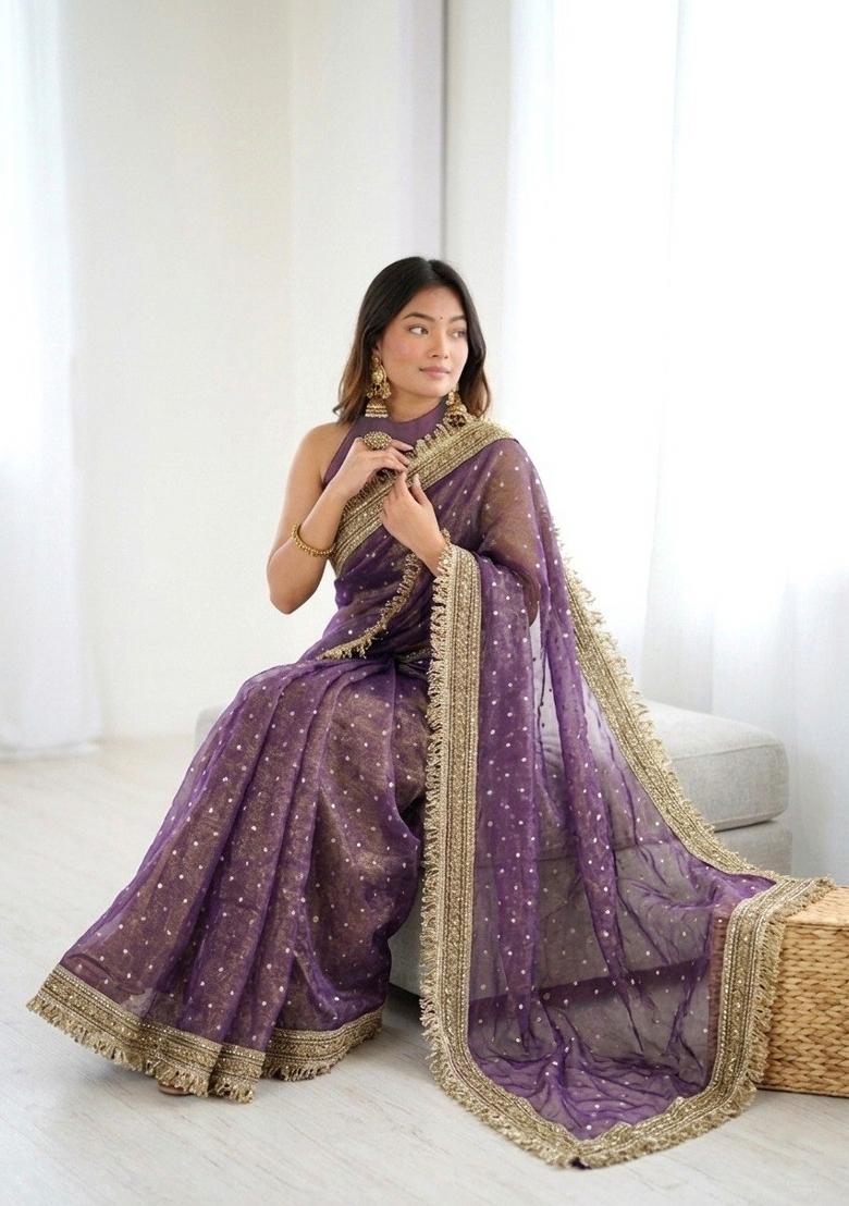 Purple Lace Work Silk Saree Set - Indya