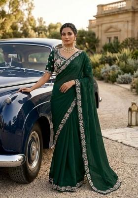 Green Embroidered Silk Saree Set