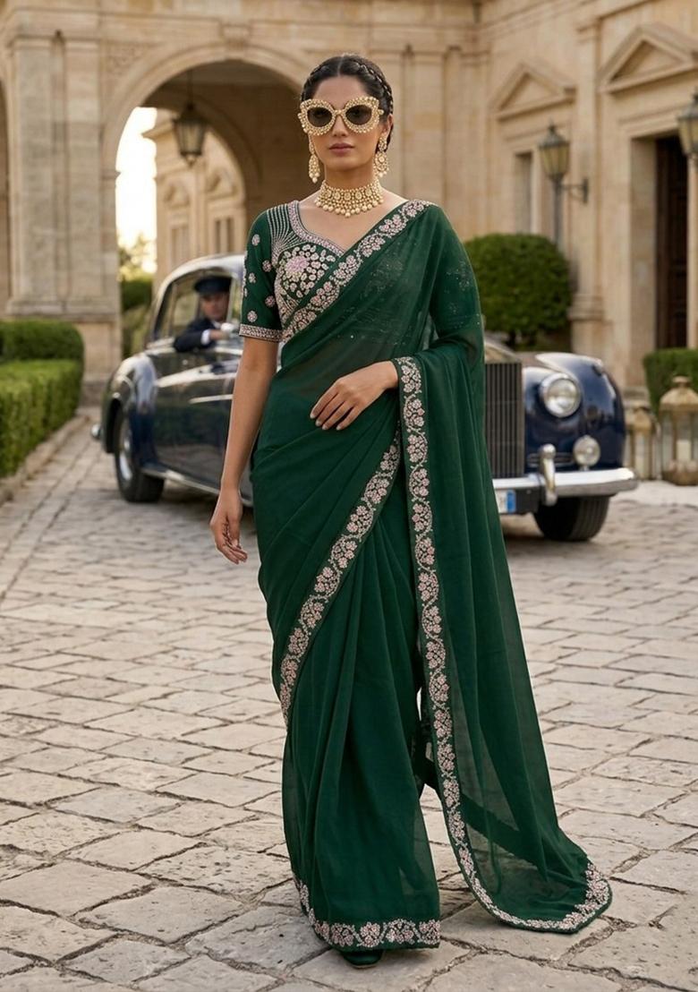Green Embroidered Silk Saree Set - Indya