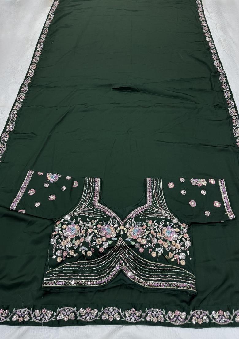 Green Embroidered Silk Saree Set - Indya