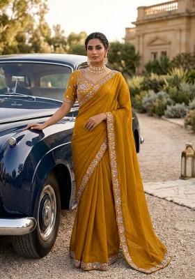 Mustard Embroidered Silk Saree Set